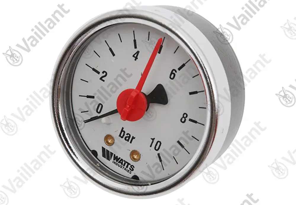 Vaillant Manometer zur Druckmessung mit einem weißen Zifferblatt, roten Zeiger, und einer Skala bis 10 bar. Das Gerät ist für die Nutzung in Solarstationen geeignet.